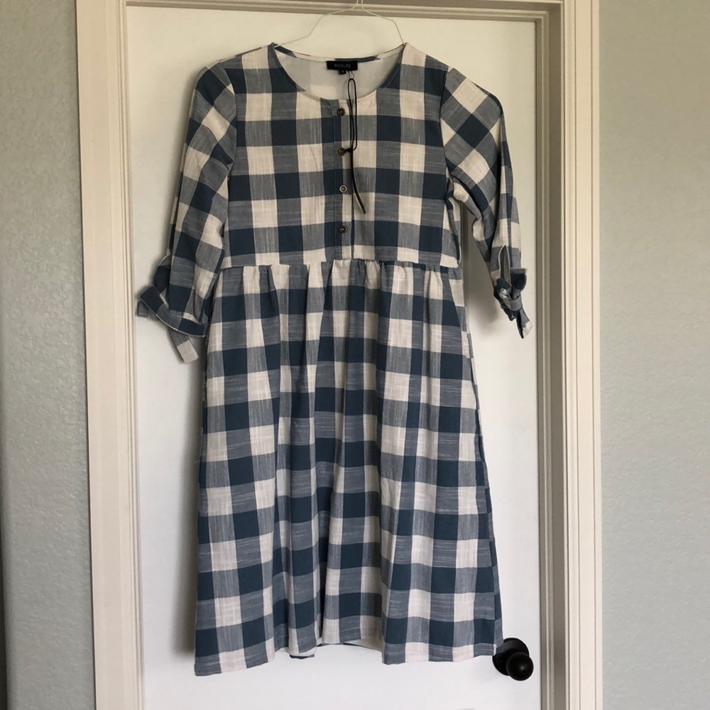 ROOLEE Blue and White Plaid Midi Dress